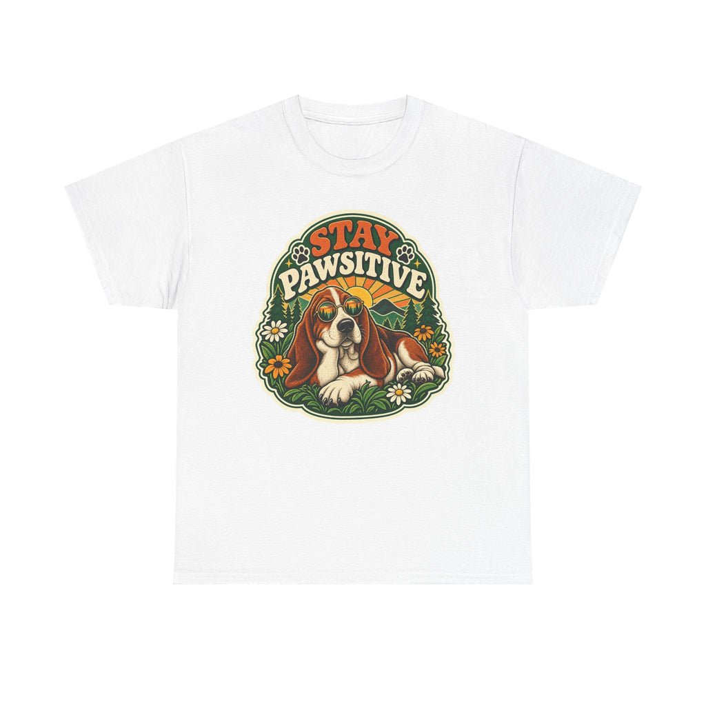 Stay Pawsitive Dog T-Shirt - Retro Basset Hound Graphic Tee - image 1