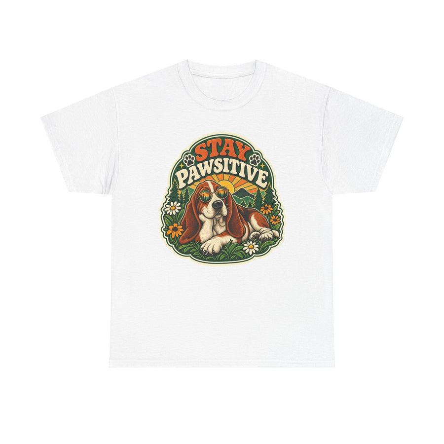 Stay Pawsitive Dog T-Shirt - Retro Basset Hound Graphic Tee - image 1