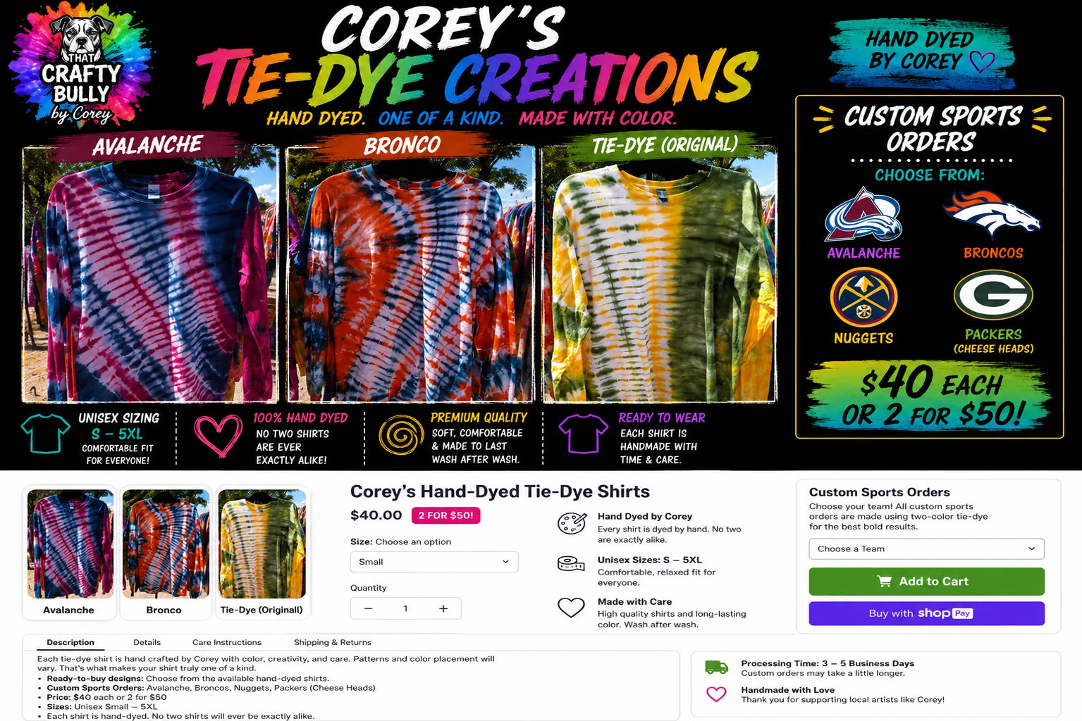 Corey's custom tie-dye options