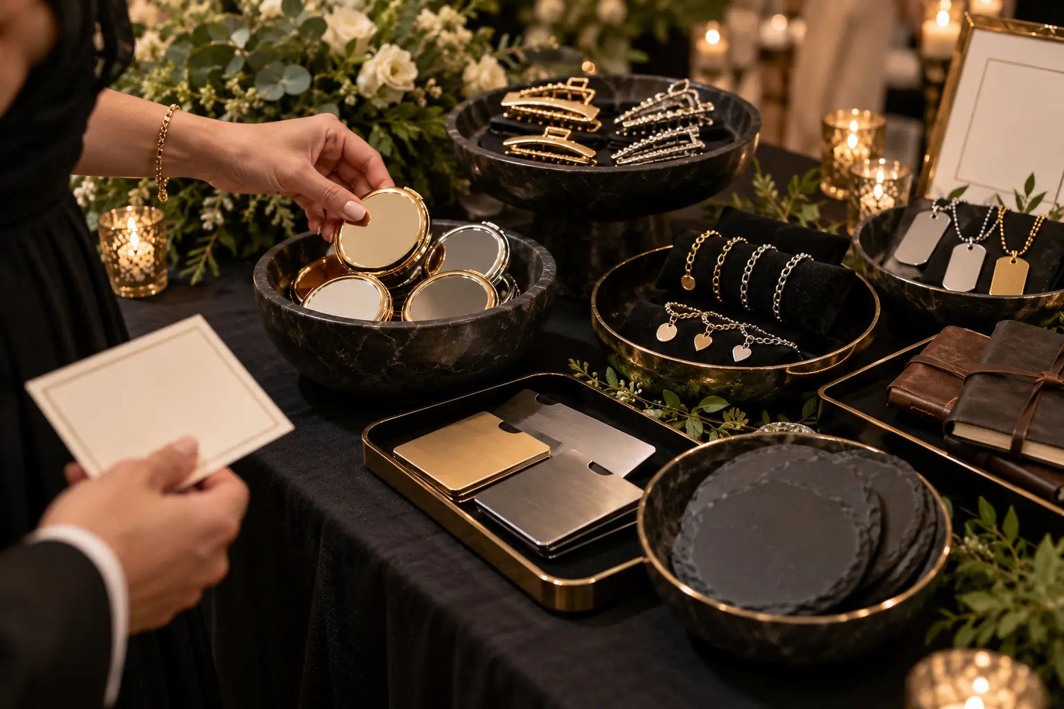Curated pocket mirrors, hair clips, bracelets, wallet cards, dog tags and slate coasters
