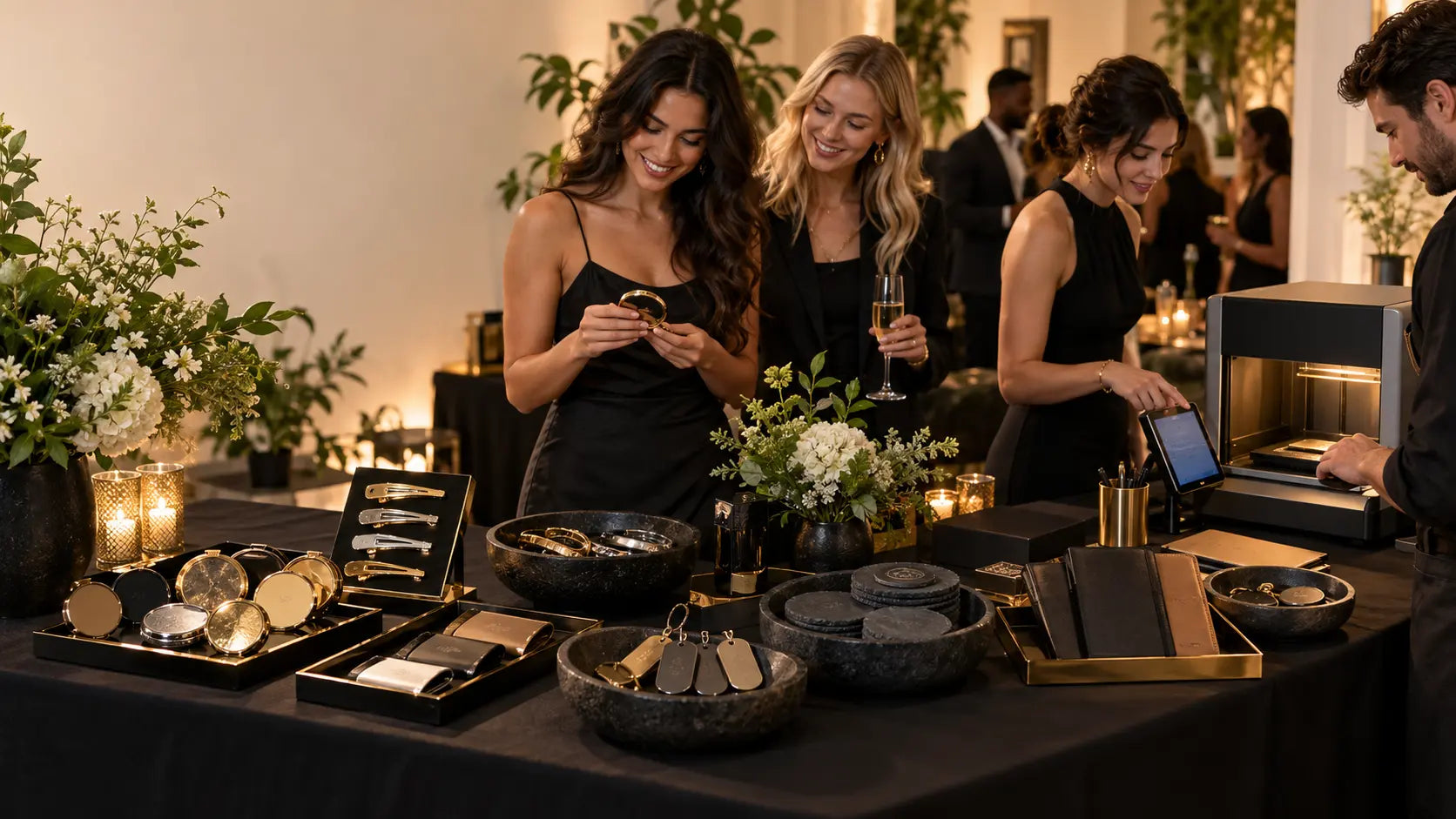 Elegant black and gold engraving bar with curated keepsakes and live personalization